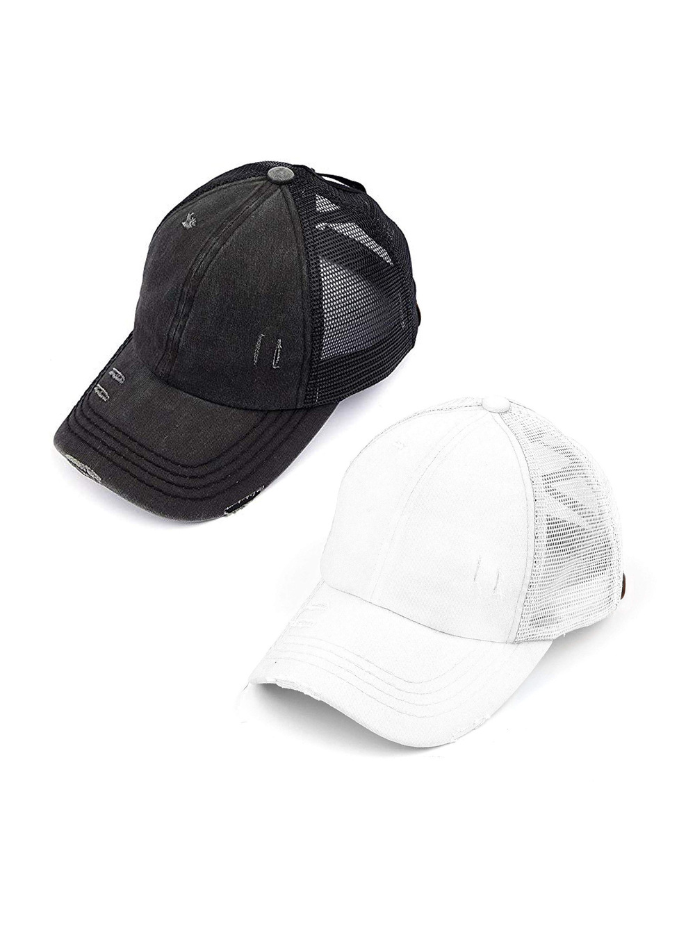 Criss Cross Ponytail Cap, Messy Bun Distressed | 2 Packs, Black, White | Size OS